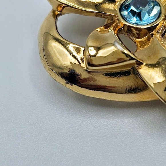 Avon Brooch Vintage Heart Ribbon Bow Blue Rhinestone Gold Tone Sweetheart Pin - Picture 6 of 11